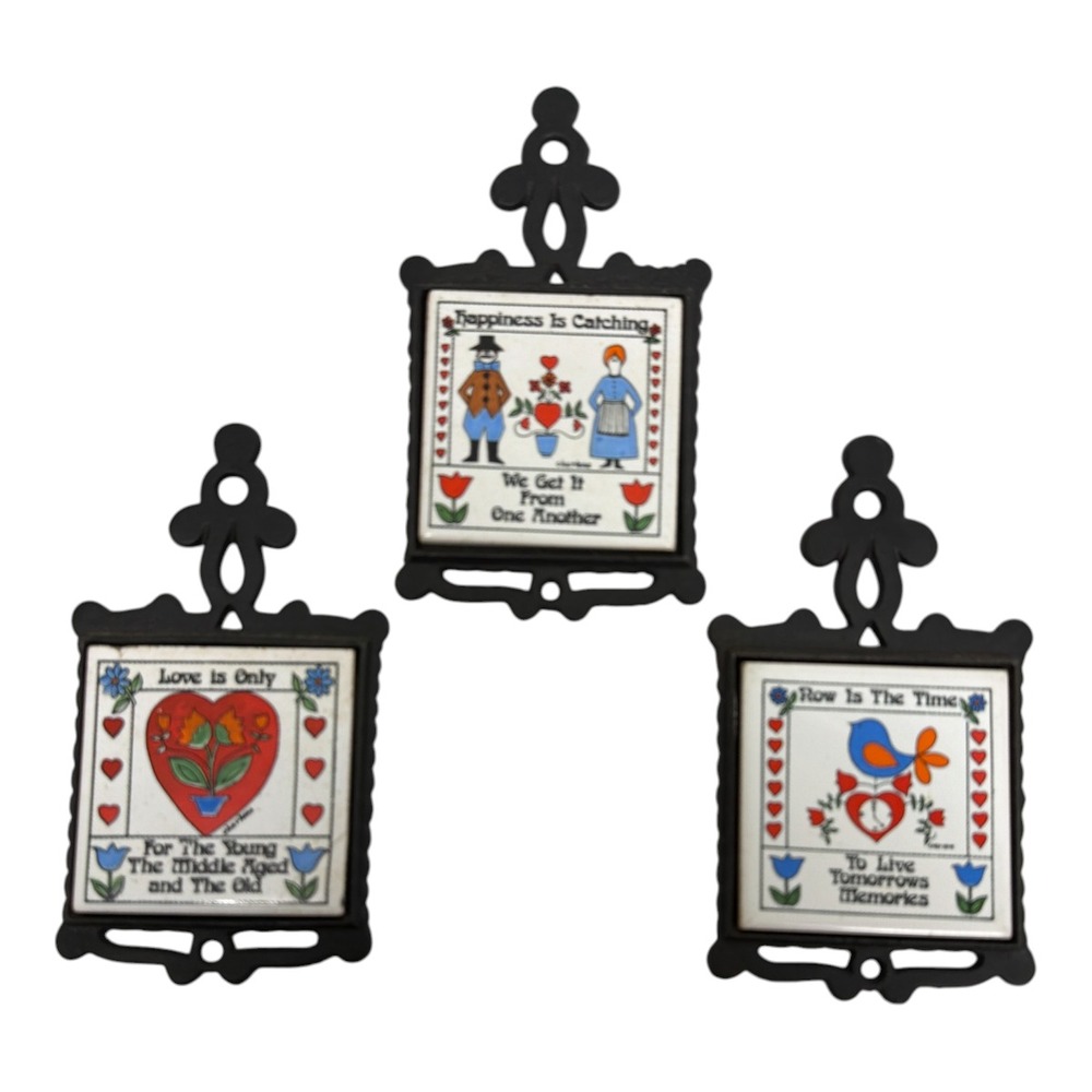 1970s Cast Iron Tile Trivet Hot Plate with Wall Hanger Japan Sayings Set 3